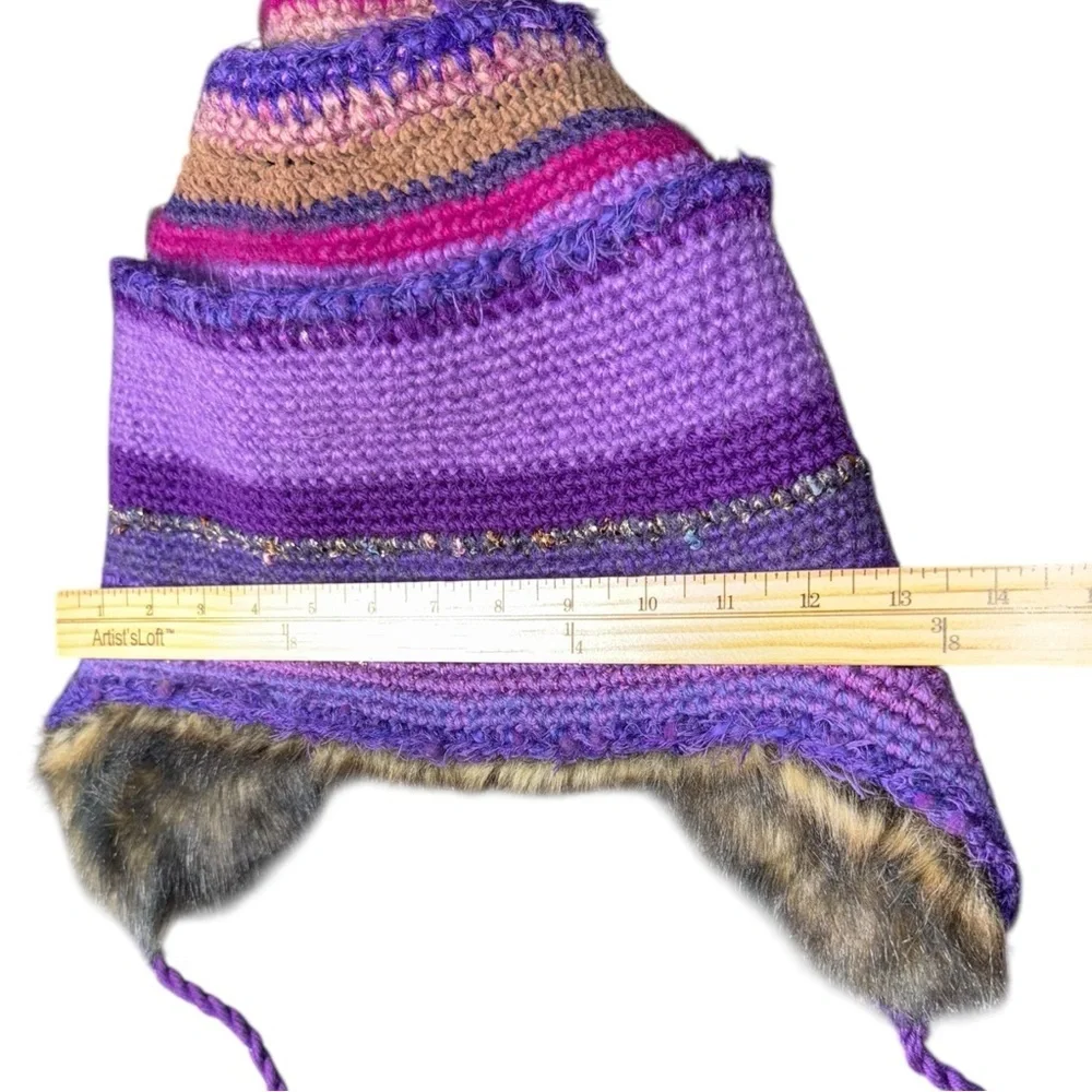 Funky Crochet Chunky Knit  Pointed TRAPPER Hat Faux FUR lined Adult